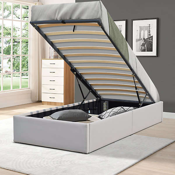 Lit coffre gris 90x190 cm - 12 lattes - Manon avec pieds - soutien ferme - confort optimal - usage quotidien - hautes performances