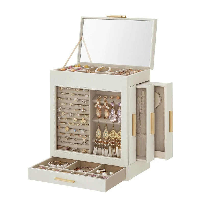 5-Layer Jewelry Box with 3 Side Drawers and Big Mirror