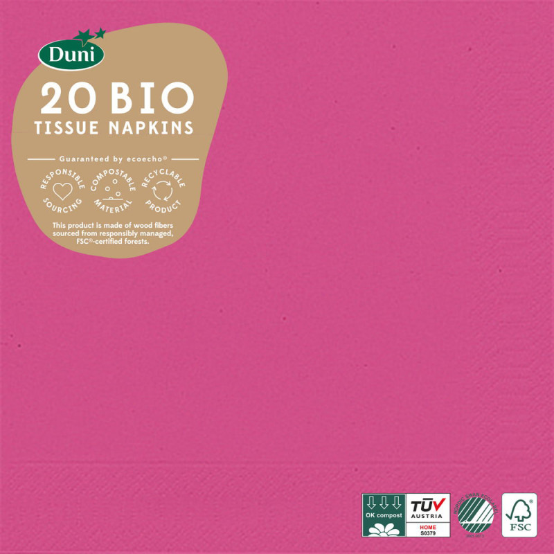 Serviette en tissu Bio 3 plis fuchsia 33 x 33 cm 20 pièces DUNI