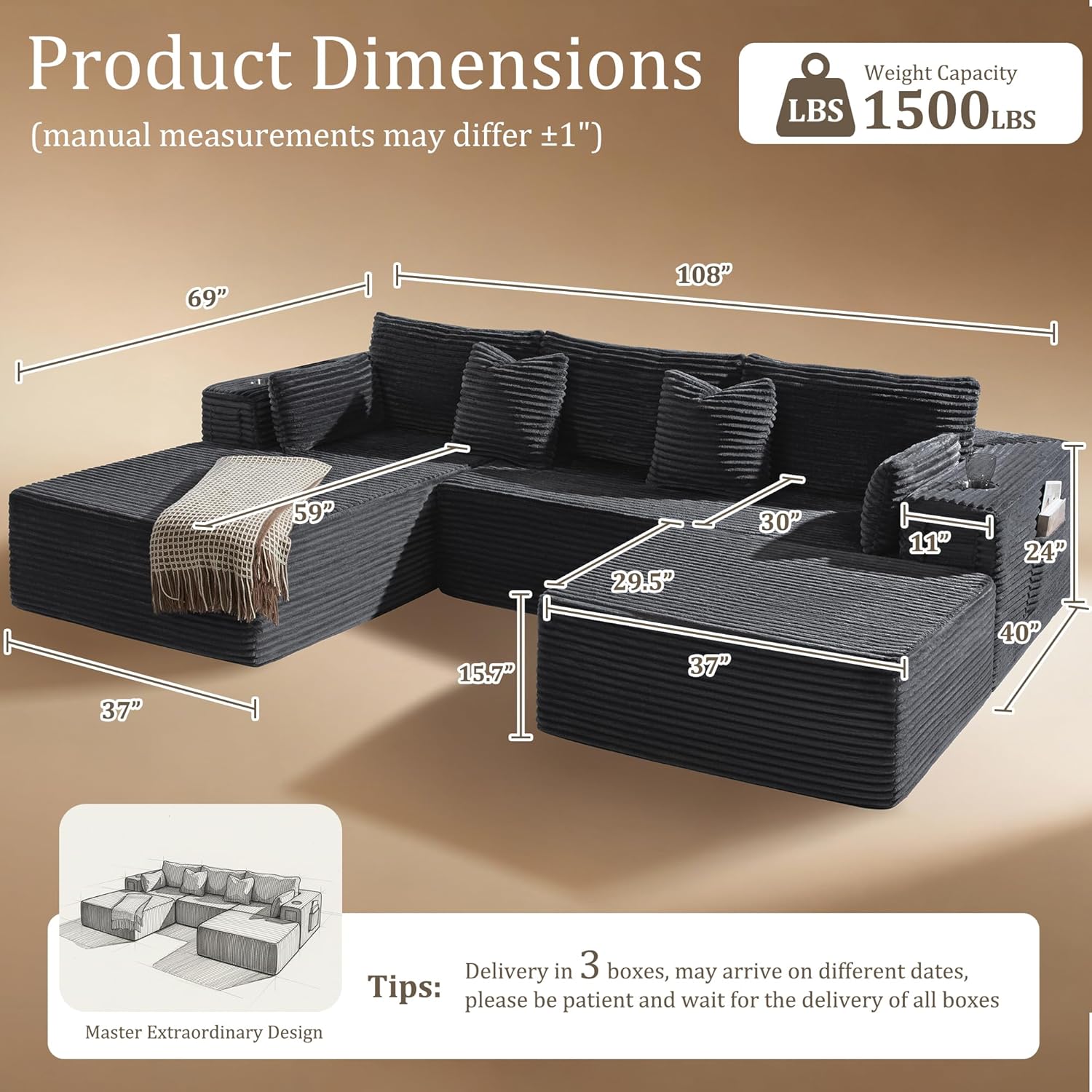 108 Cloud Sectional Couch, Comfort U Shaped Boneless Couch for Living Room, Extra Deep Seats No Assembly, Minimalist Modular Sofa, Corduroy (Dark Grey, 2 Seater+Left Facing Chaise+Ottoman)