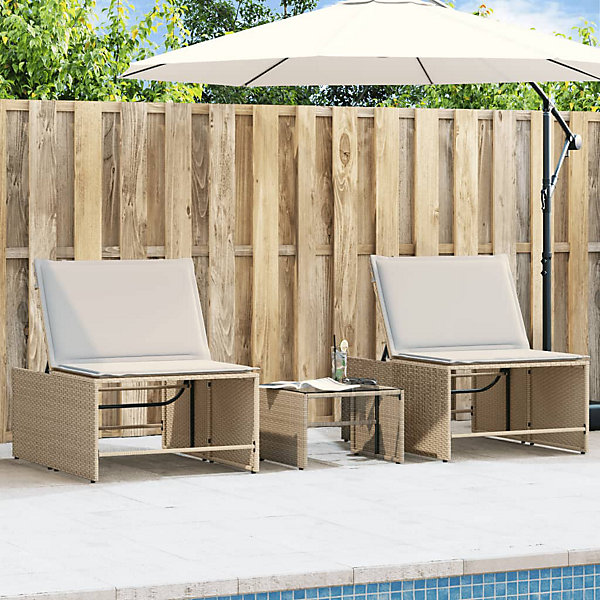 Chaises longues 2 pièces avec table en résine tressée beige vidaXL