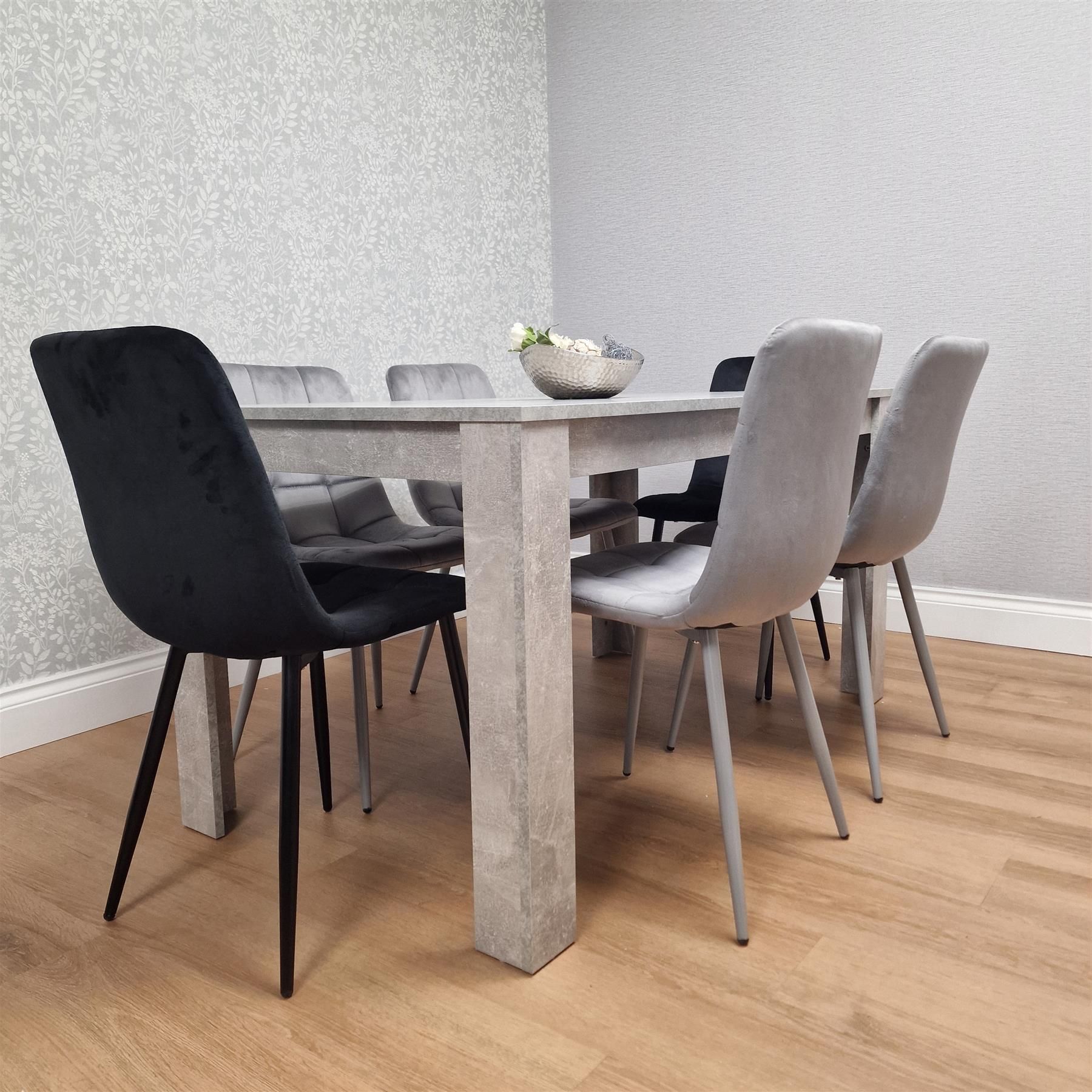 KOSY KOALA Stone Grey Effect Wood Dining Table Set With 6 Mixed Velvet Chairs Dining Room Furniture
