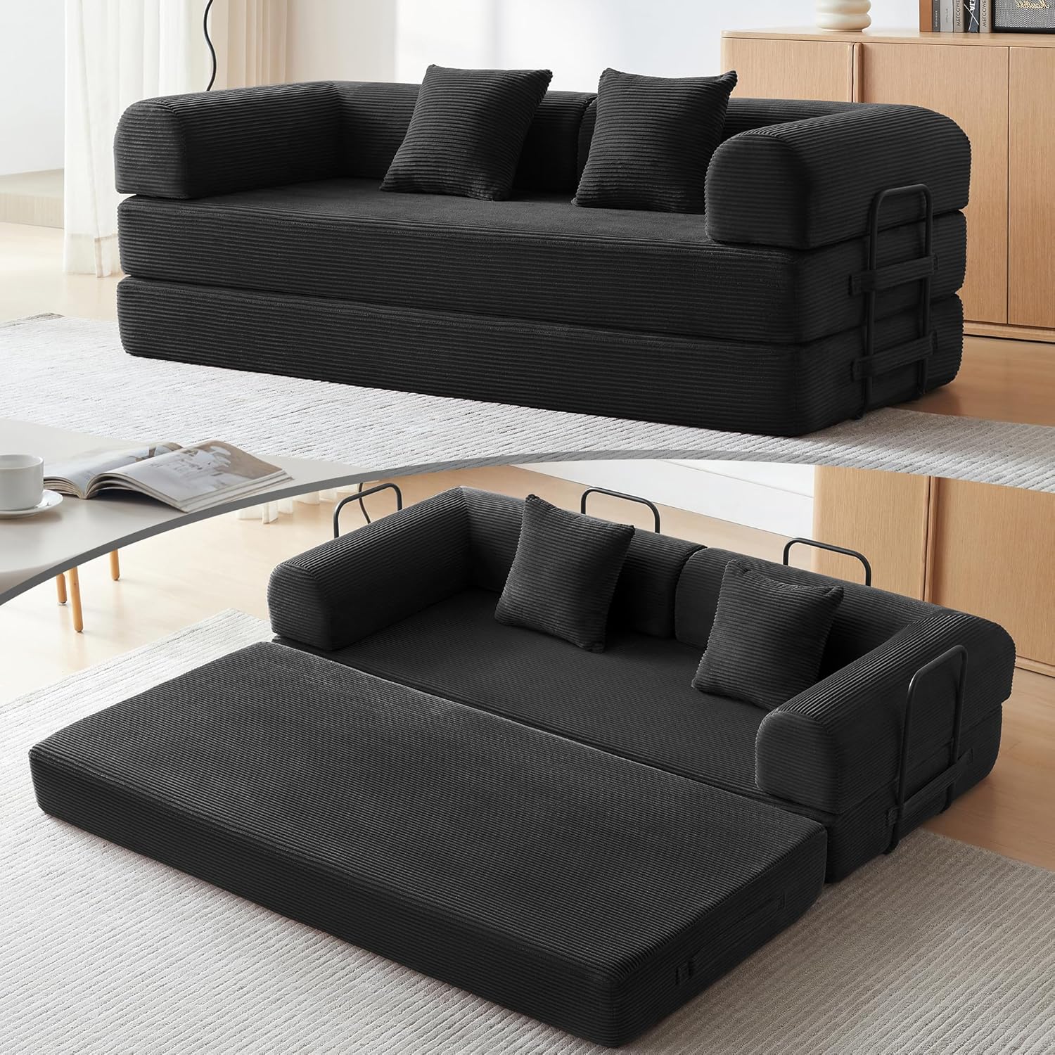 Convertible Sleeper Bed with 2 Cylindrical Pillow, Comfy Foldable Bed Compressed Sofa in Box, Floor Sofa Lounge Couch for Living Room Bedroom Lounge Studio, Tool-Free Assembly (Black)