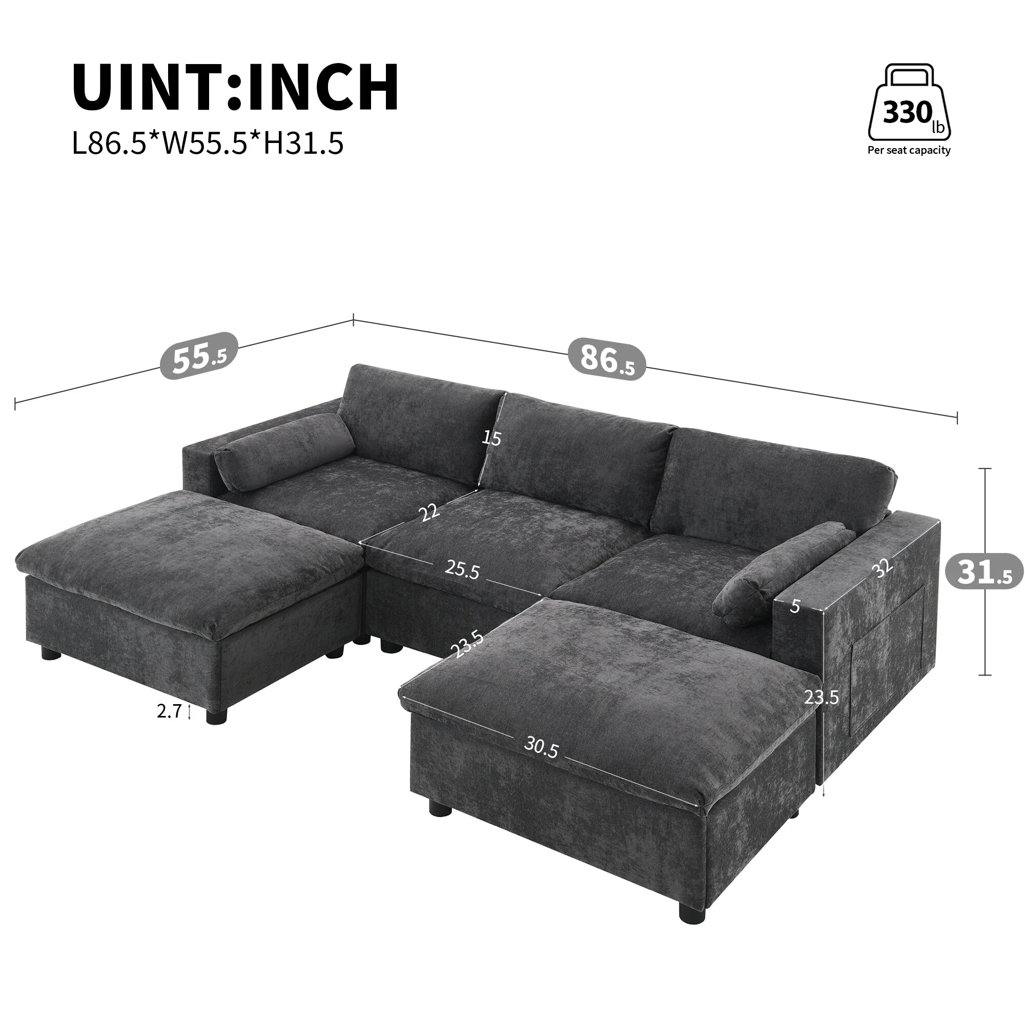 86.5 Chenille Modular Sofa with Storage Pockets, Movable Ottomans