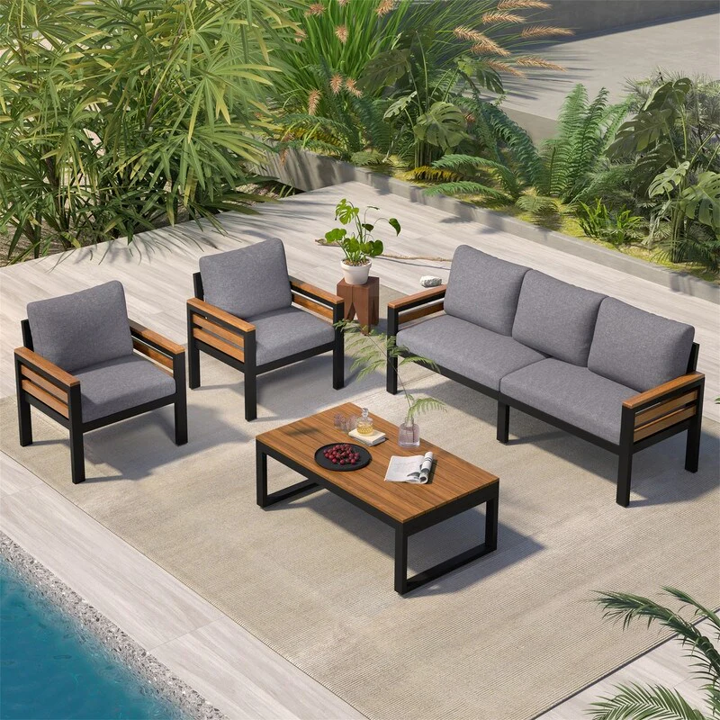 4-Piece Outdoor Furniture Sectional Sofa Set, Patio Conversation Set with Removable Cushion and Solid Wood Coffee Table