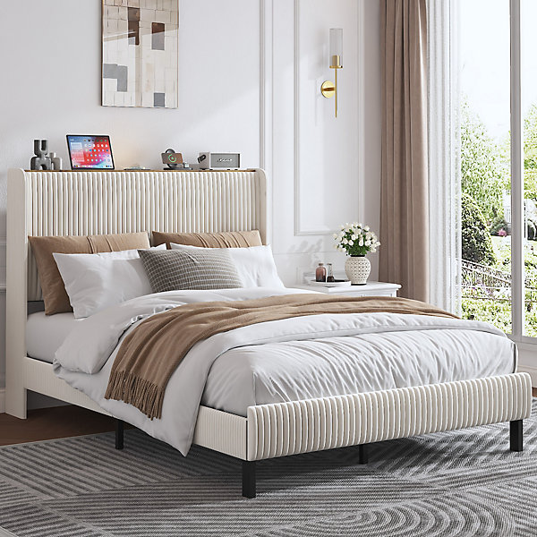 Lit double 140x200 cm capitonné adulte avec métallique stable et design à ailes - plateforme rembourrée velours côtelé beige/crème