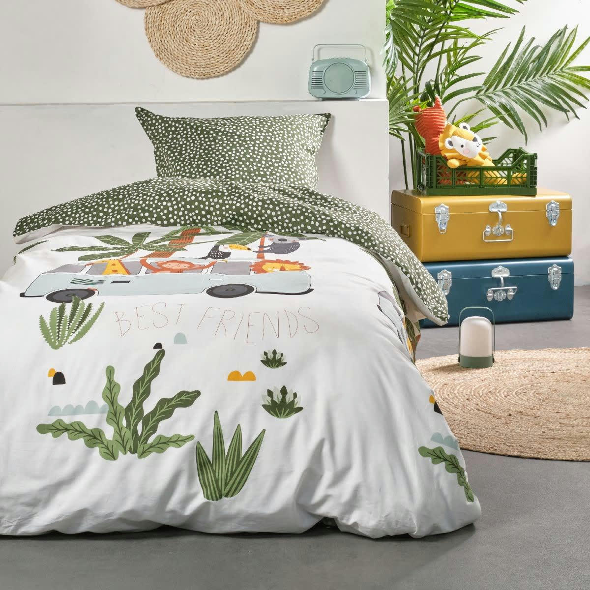 HAPPY FRIENDS - Parure de lit imprimé en coton vert 140x200