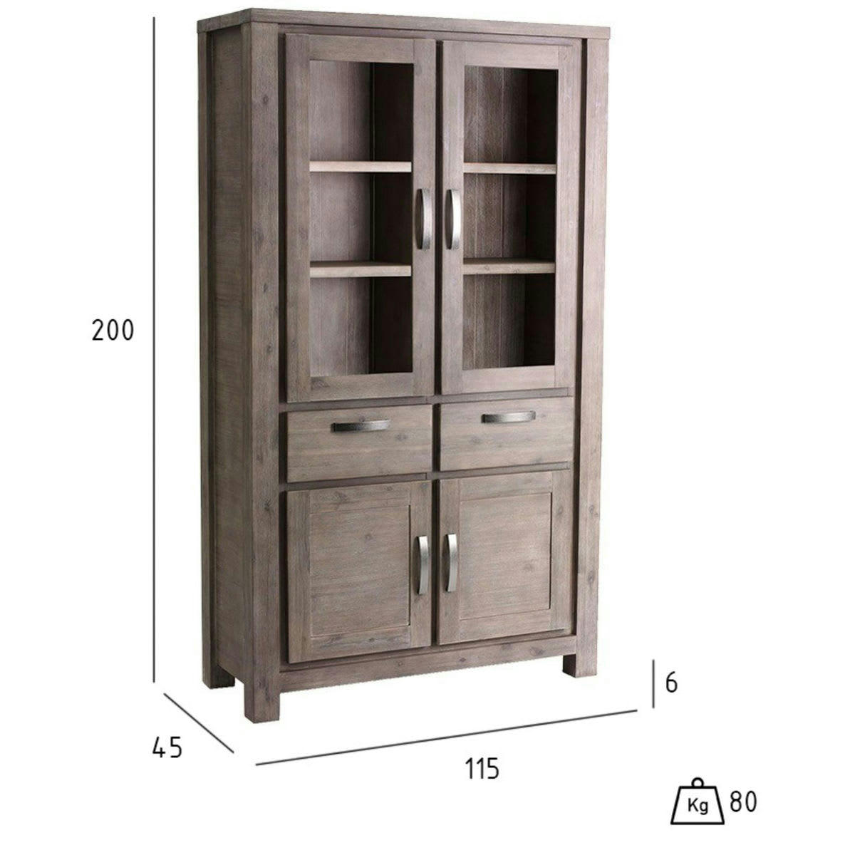 ALASKA - Vitrine 4 portes 2 tiroirs en acacia massif marron