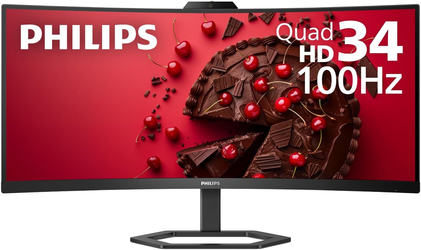 Philips 34E1C5600HE 34 UltraWide QHD 21:9 Monitor with Built-in Windows Hello Webcam & Noise Canceling Mic  USB-C Docking  Stereo Speakers  100Hz  4-Year Advance Replacement Black