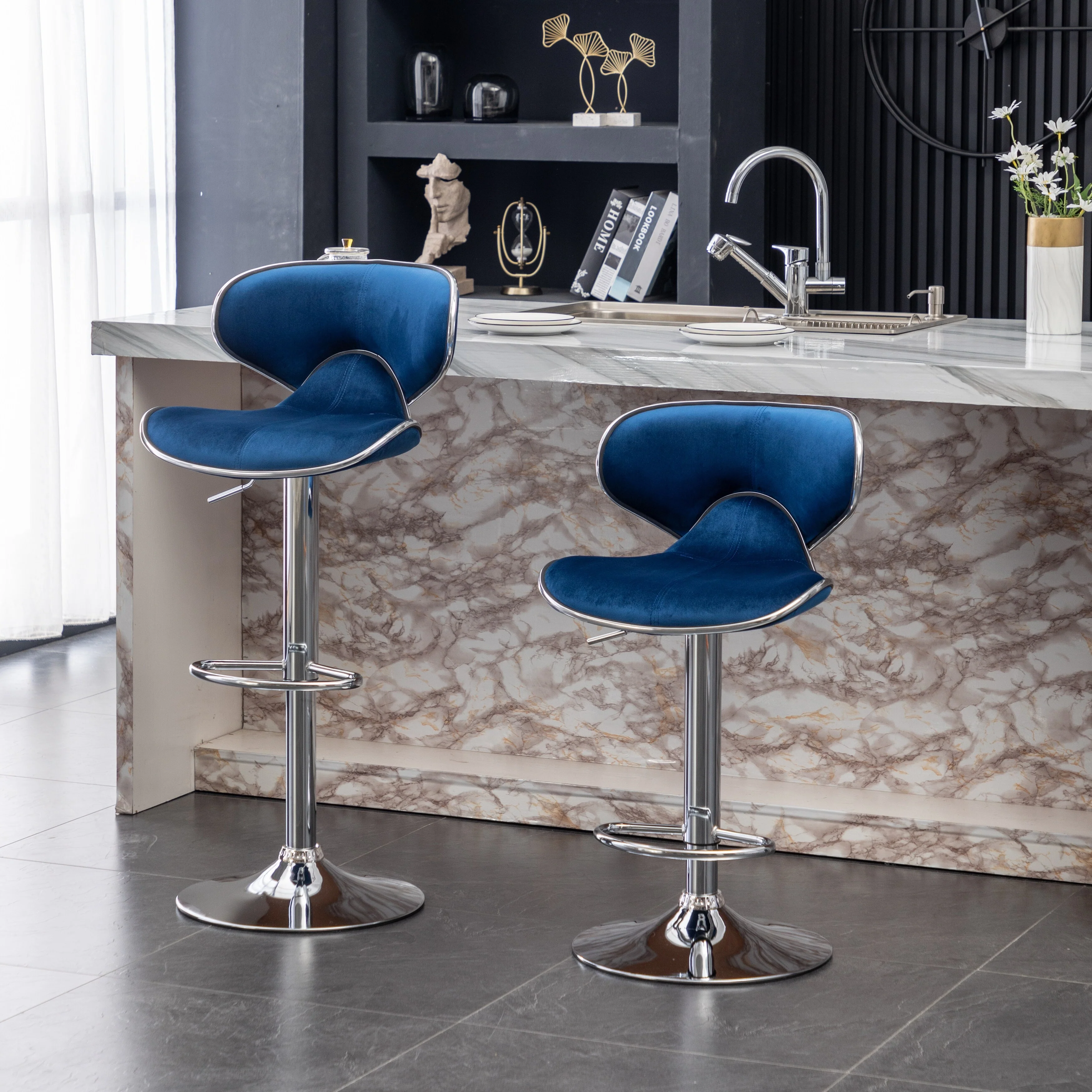 Set of 2 Adjustable Velvet Swivel Barstools - Modern Counter Height Bar Chairs with Chrome Base & Footrest