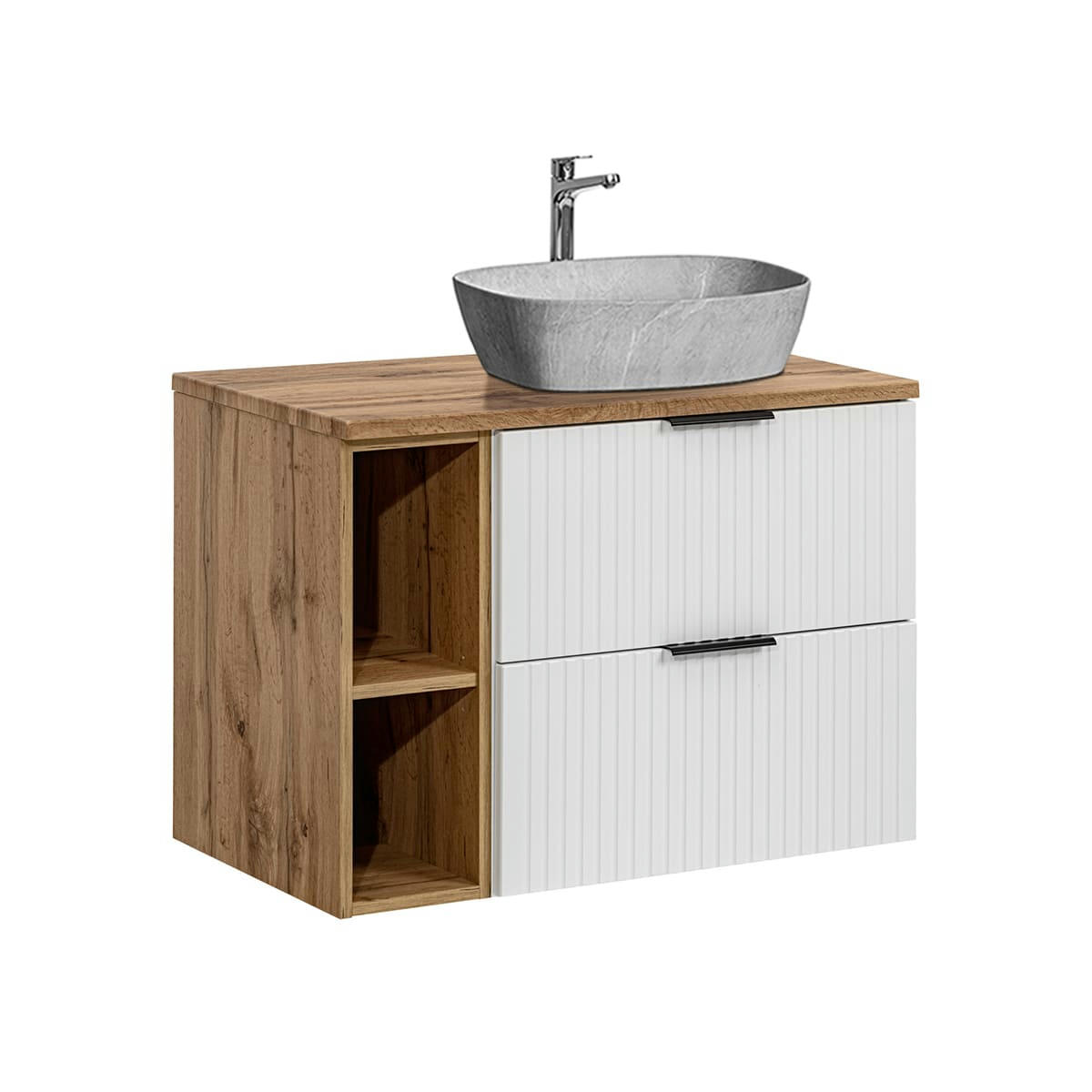 - Meuble simple vasque effet pierre 80cm 2 niches blanc