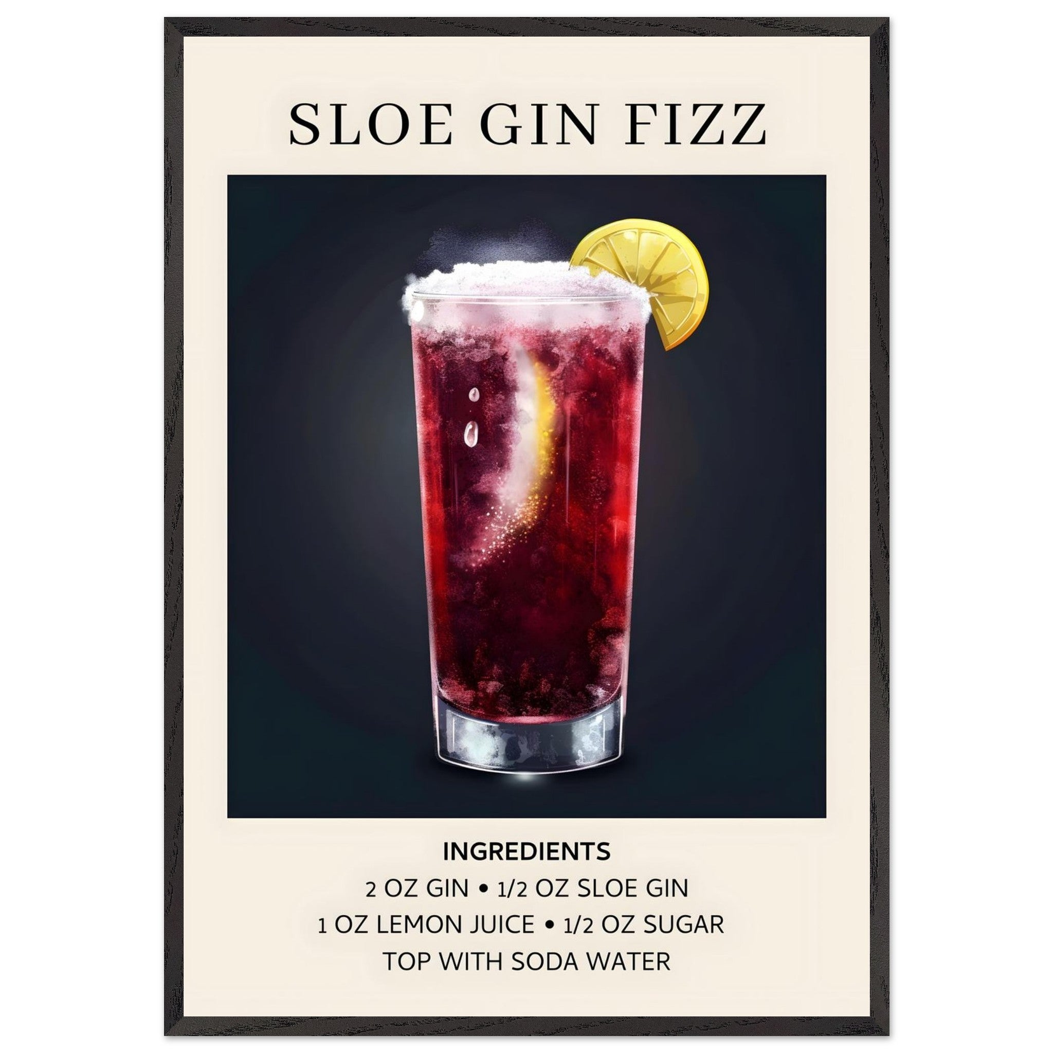 Artfulprints Poster met Lijst Sloe Gin Fizz cocktail - Ingrediënten  - 70x100 cm - Zwart