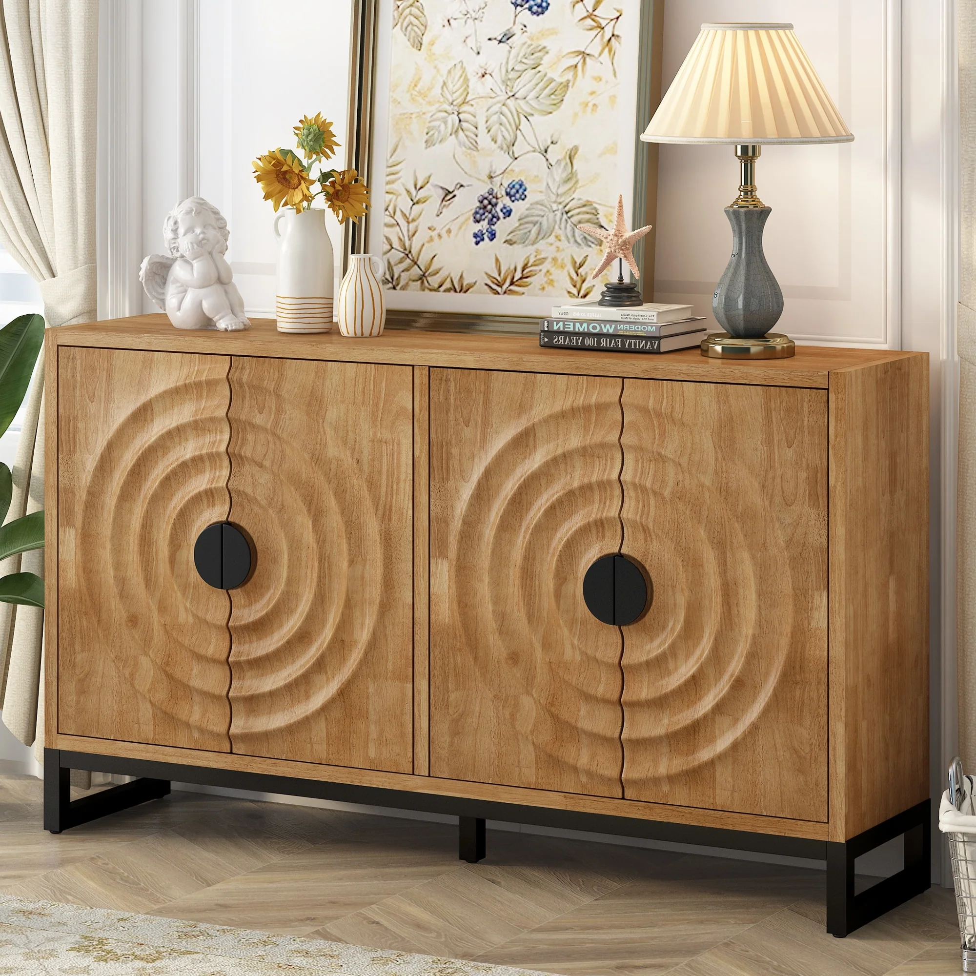Storage Cabinet Sideboard Wooden Cabinet with Stunning Water Wave Door Design, Rubberwood Veneer and Adjustable Shelves