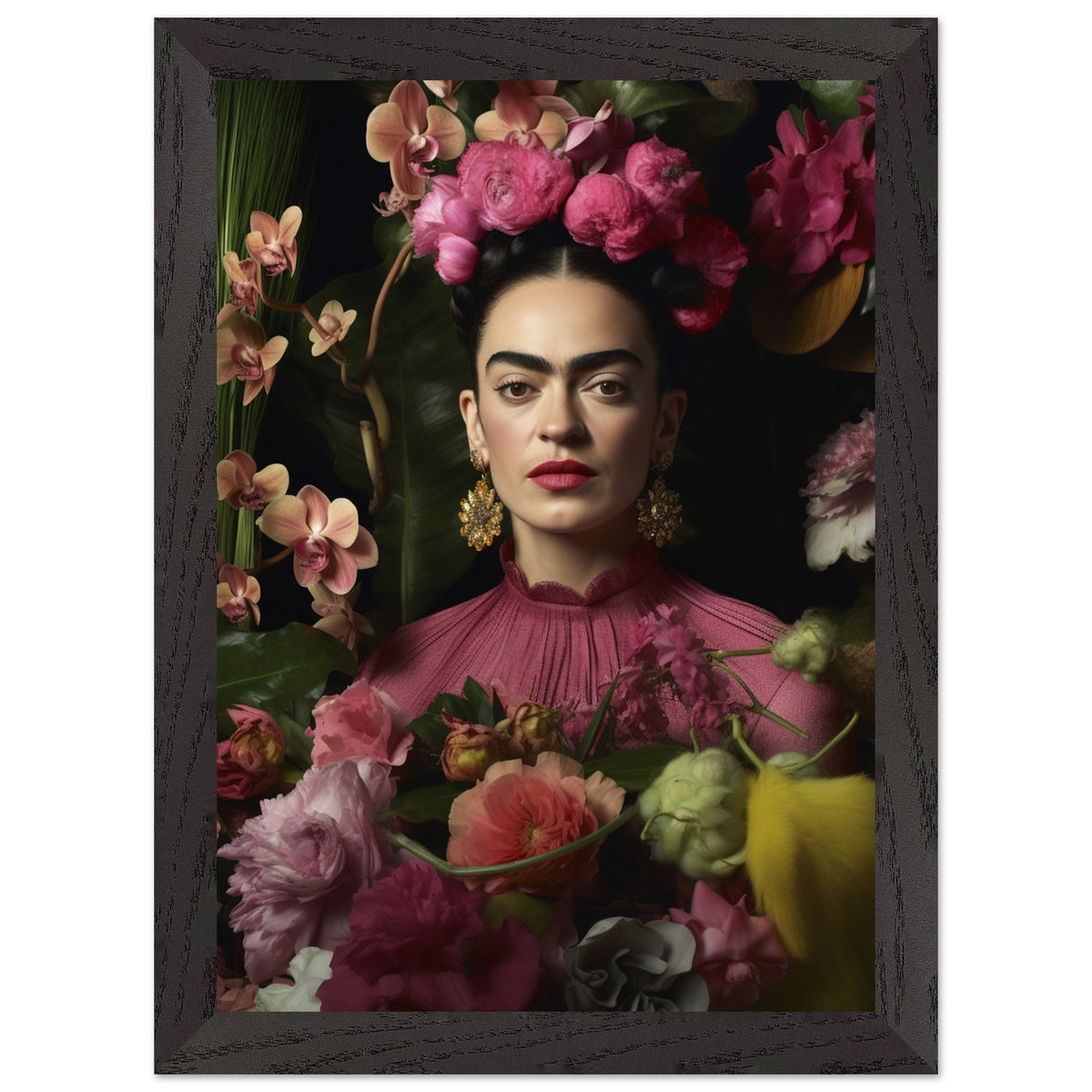 Artfulprints Poster met Lijst Frida Kahlo - Floral portrait  - A4 21x29.7 cm - Roze
