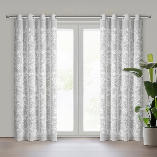 Zasłona LILY 140x250 cm biała haftowane kwiaty przelotki