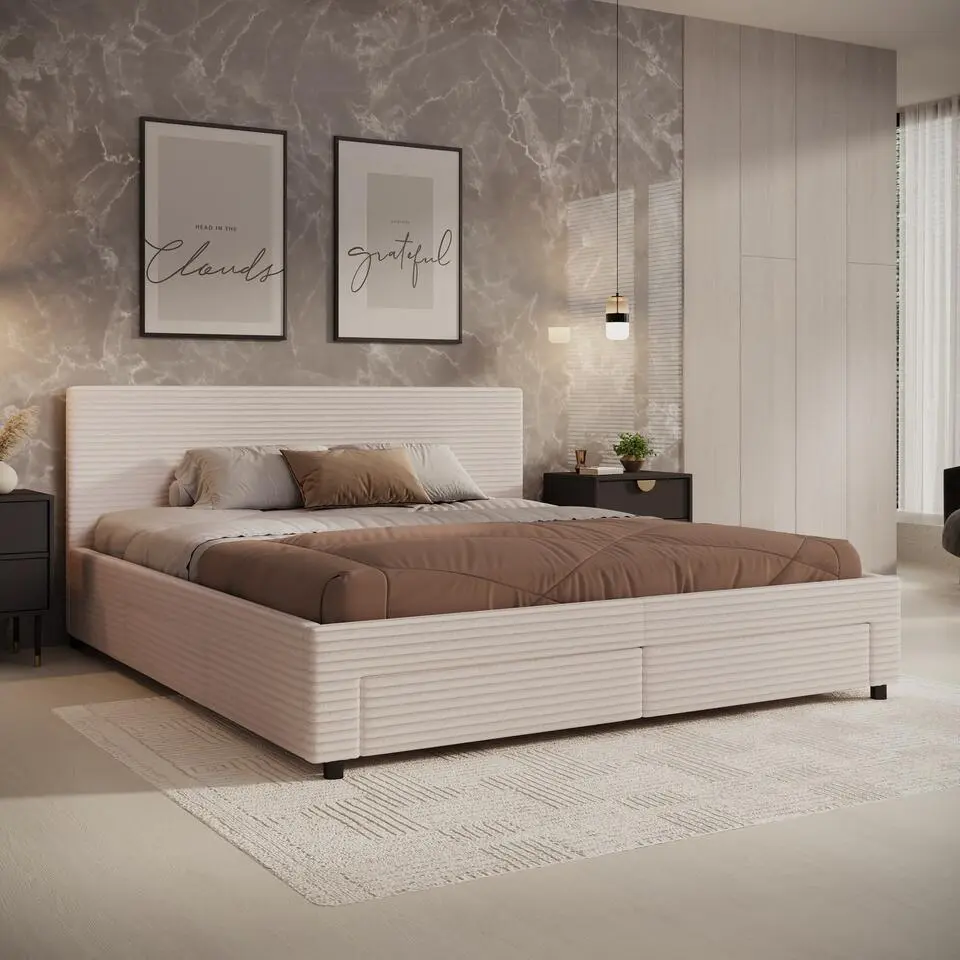 Meubella - Tweepersoonsbed Suente - Beige ribstof - 180x200 cm