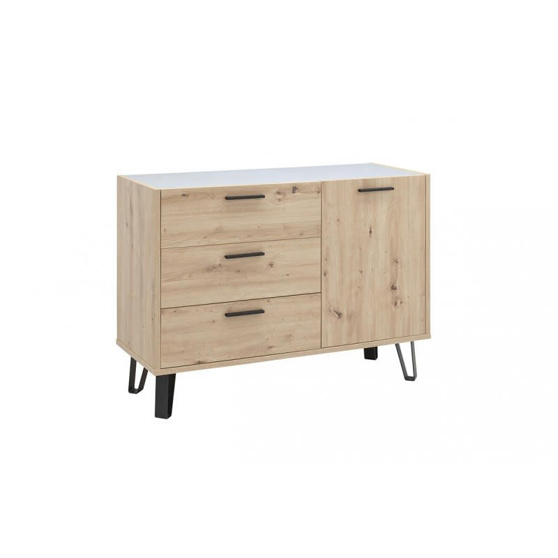 MILOS - Commode 1 porte et 3 tiroirs décor chêne clair et gris laqué