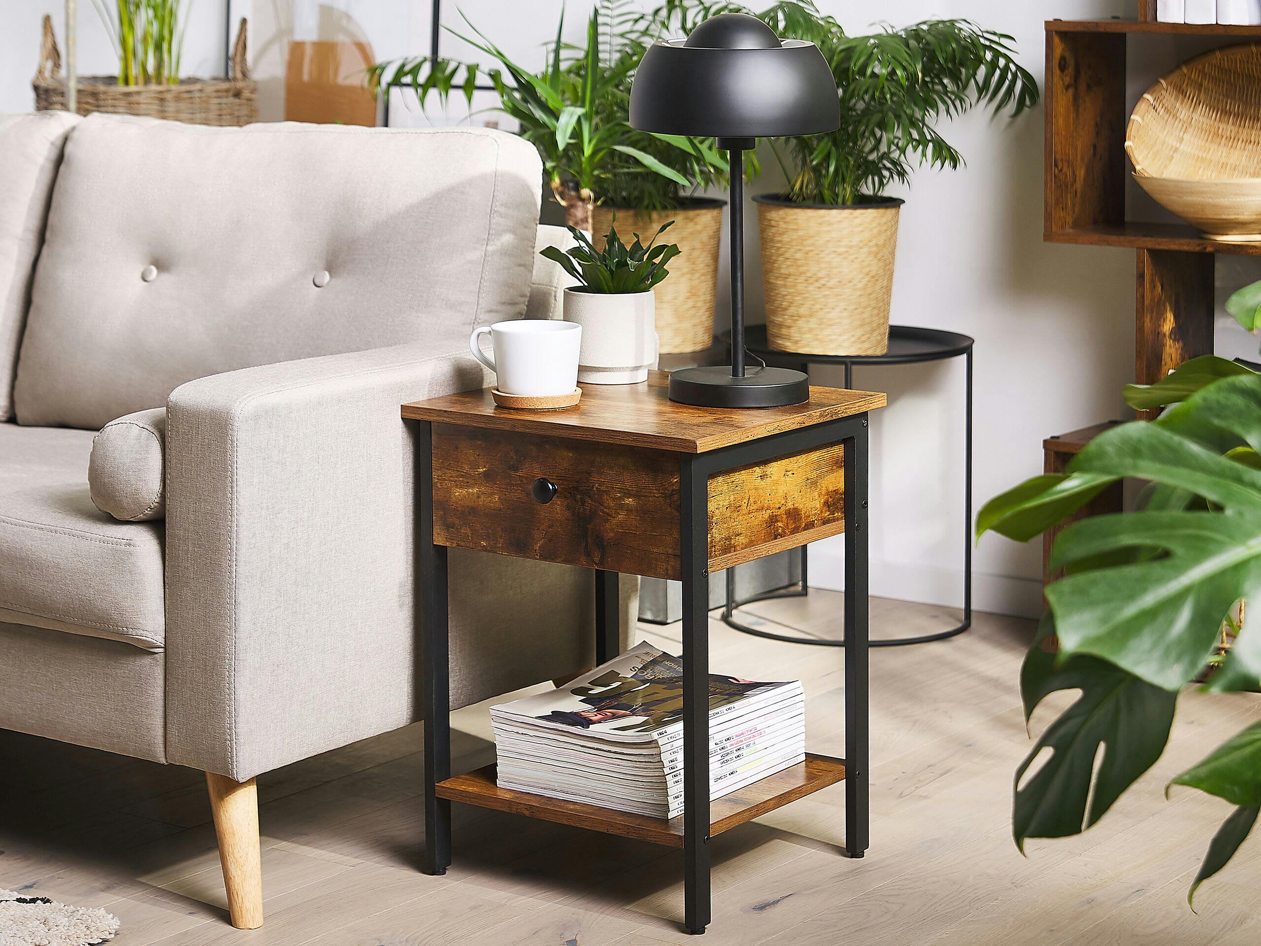 VESTER - Table de chevet effet bois foncé et noire avec tiroir