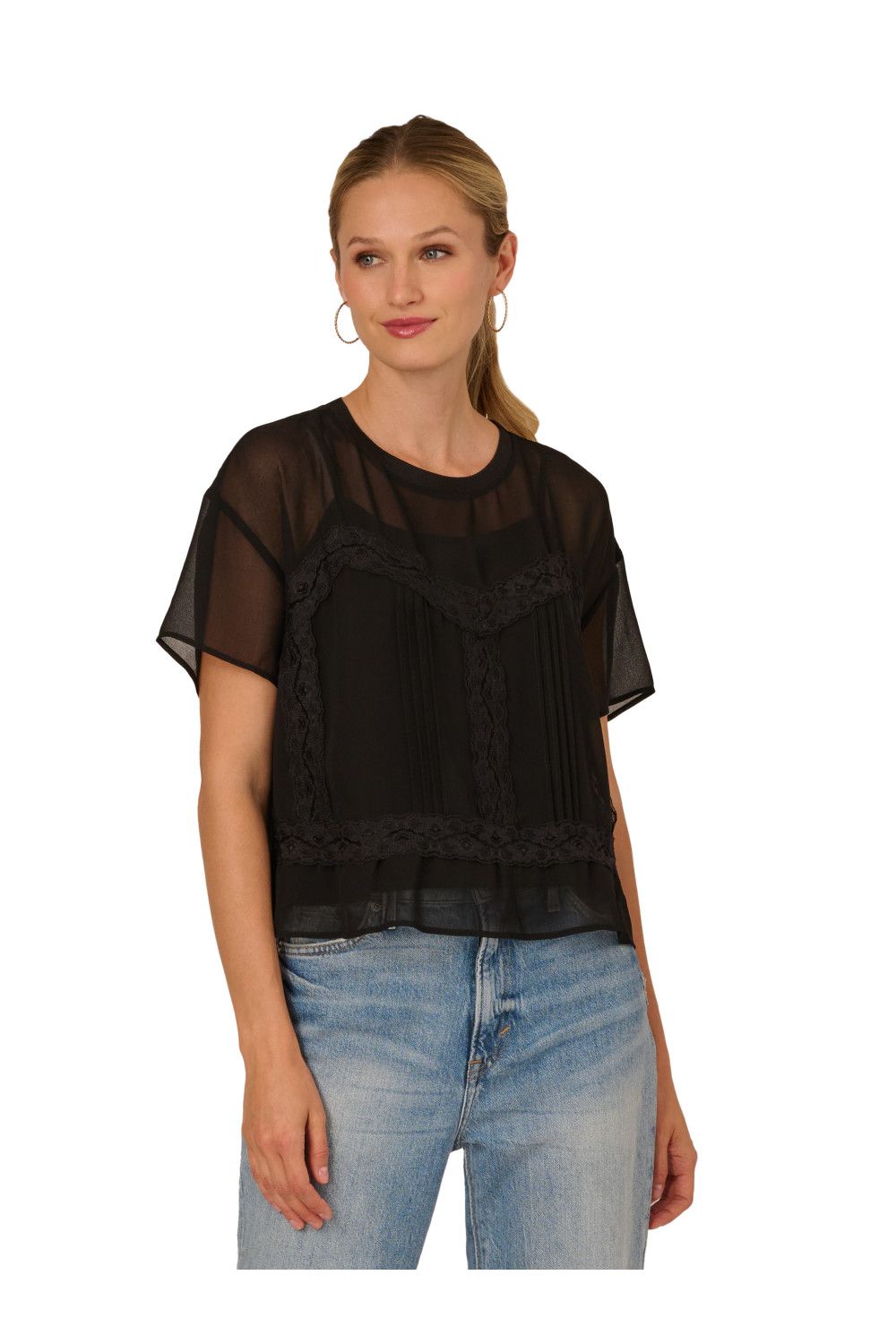 Adrianna Papell Crew Neck Pieced Sheer Lace Chiffon Top Cami Lining