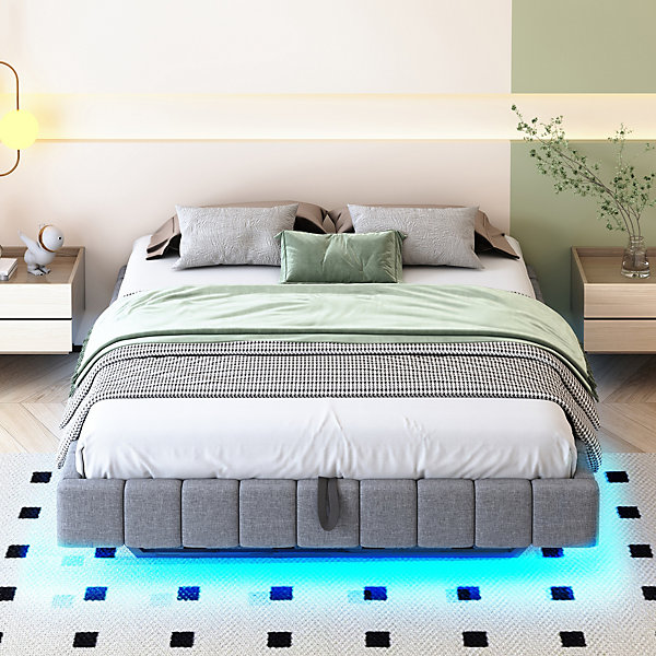 Lit 160x200 cm avec rangement hydraulique, effet flottant et éclairage LED, tapissé lin gris sans tête de lit