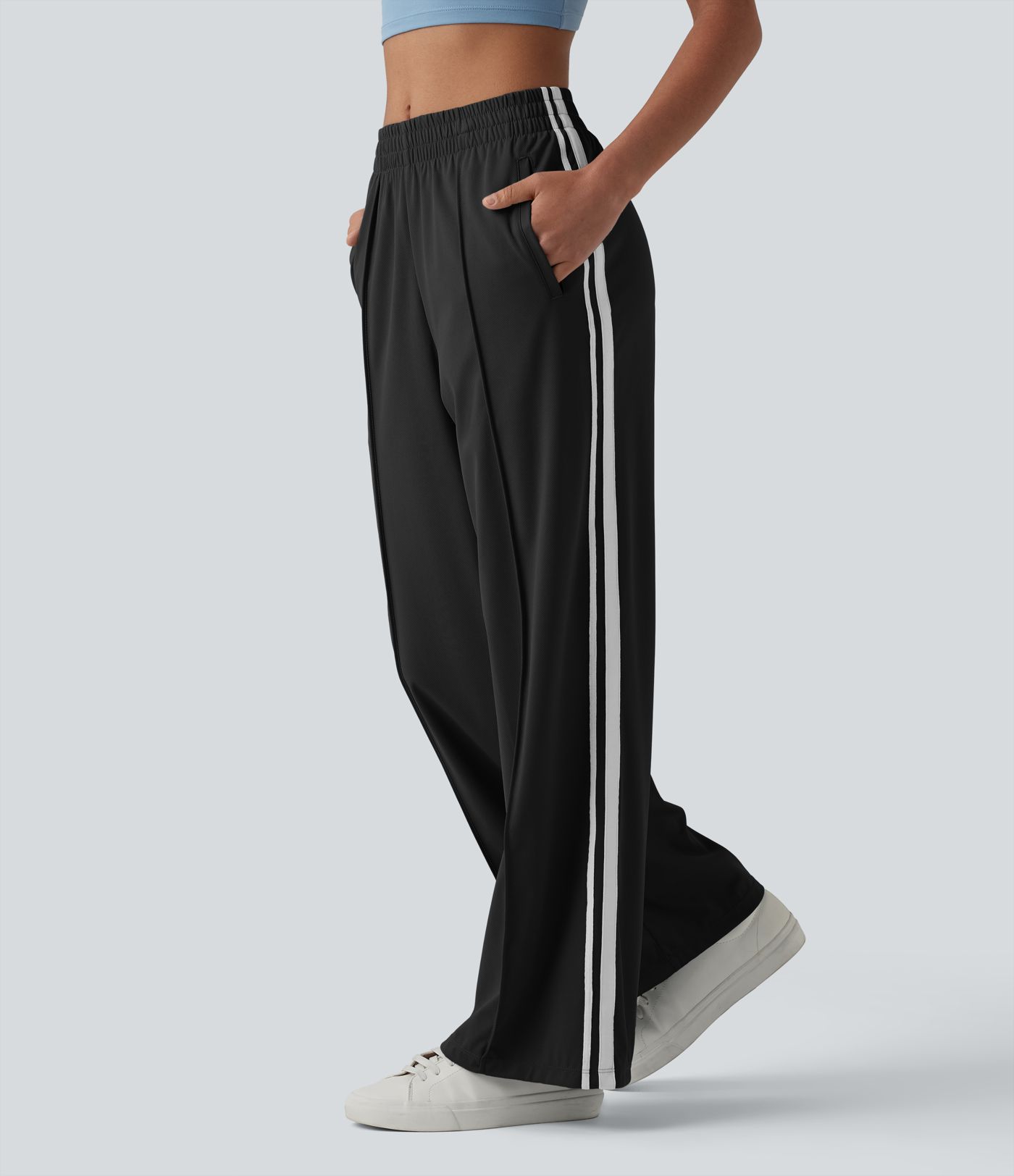 Pantalon décontracté mi-taille coupe droite à séchage rapide à rayures color block avec poches - UPF40