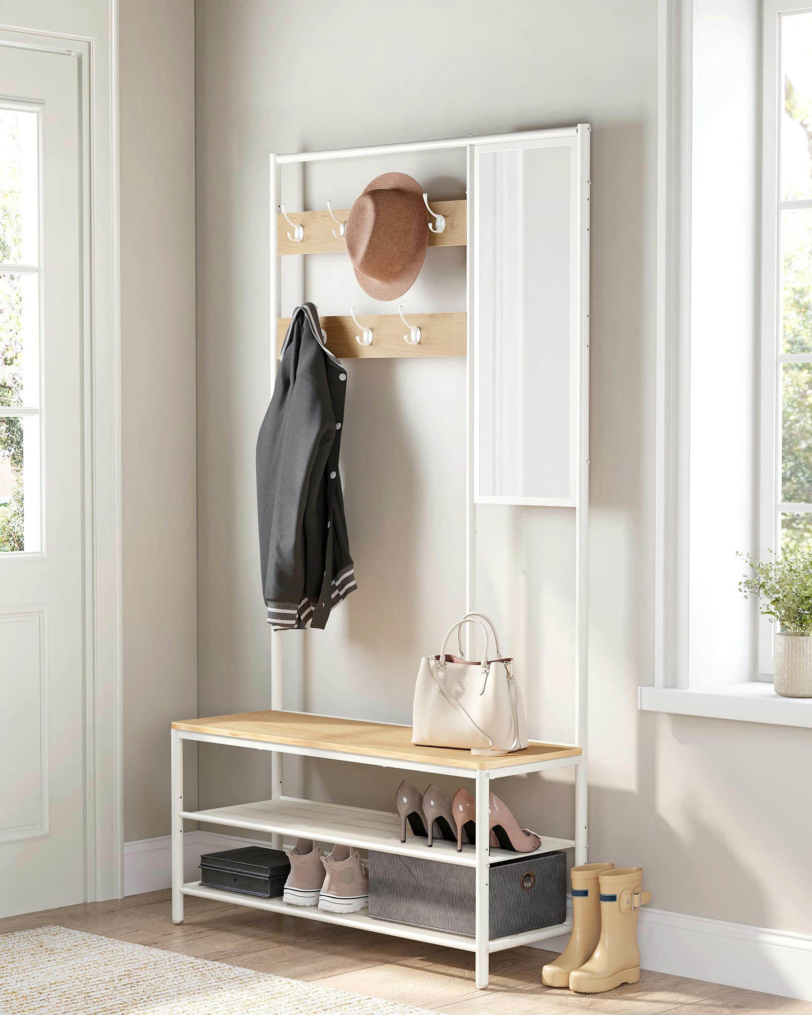 - Meuble d'entrée avec étagères et miroir effet bois blanc