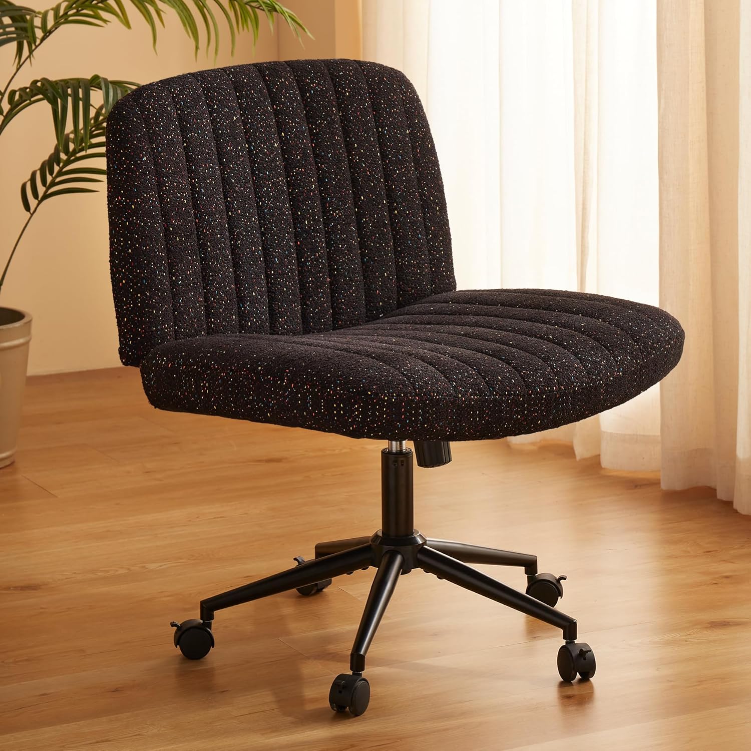 Dowinx Criss Cross Chair with Wheels, Preminum Fabric and Pocket Spring Cushion, Adjustable Swivel Wide Seat Computer Chair, Morden Design Vanity Chair Black