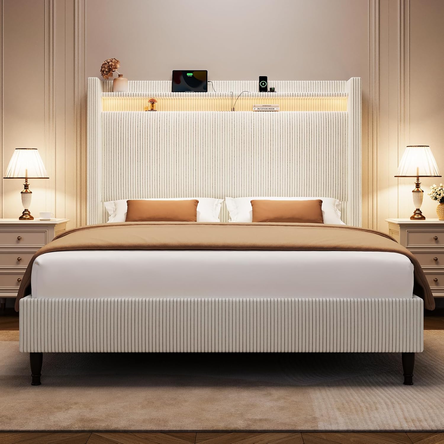 Queen Bed Frame with Tall Headboard, 55.3 Upholstered Platform Queen Size Bed Frame, Elegant Corduroy Wingback Bed with LED Lights & Charging Station, No Box Spring Needed, Solid Wood Slats, Cream