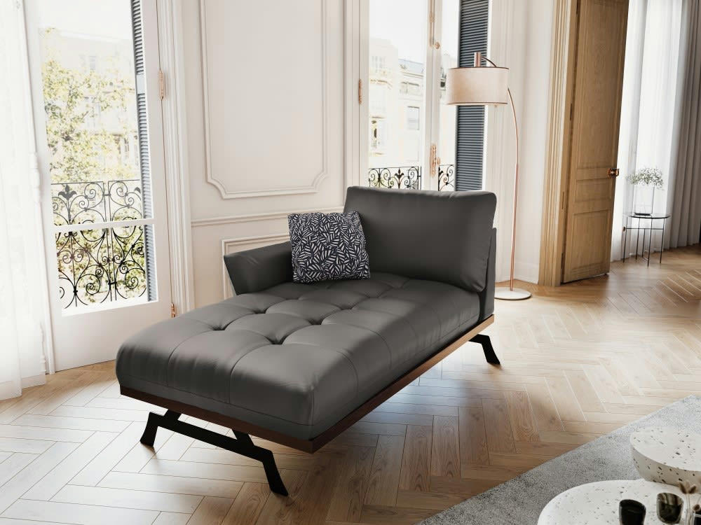 OLIVIER - Méridienne 1 place en cuir gris foncé