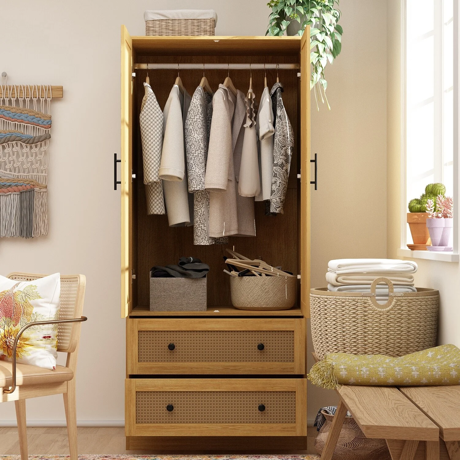 Modern Armoire Cabinet with Drawers - Wood Wardrobe Closet for Storage