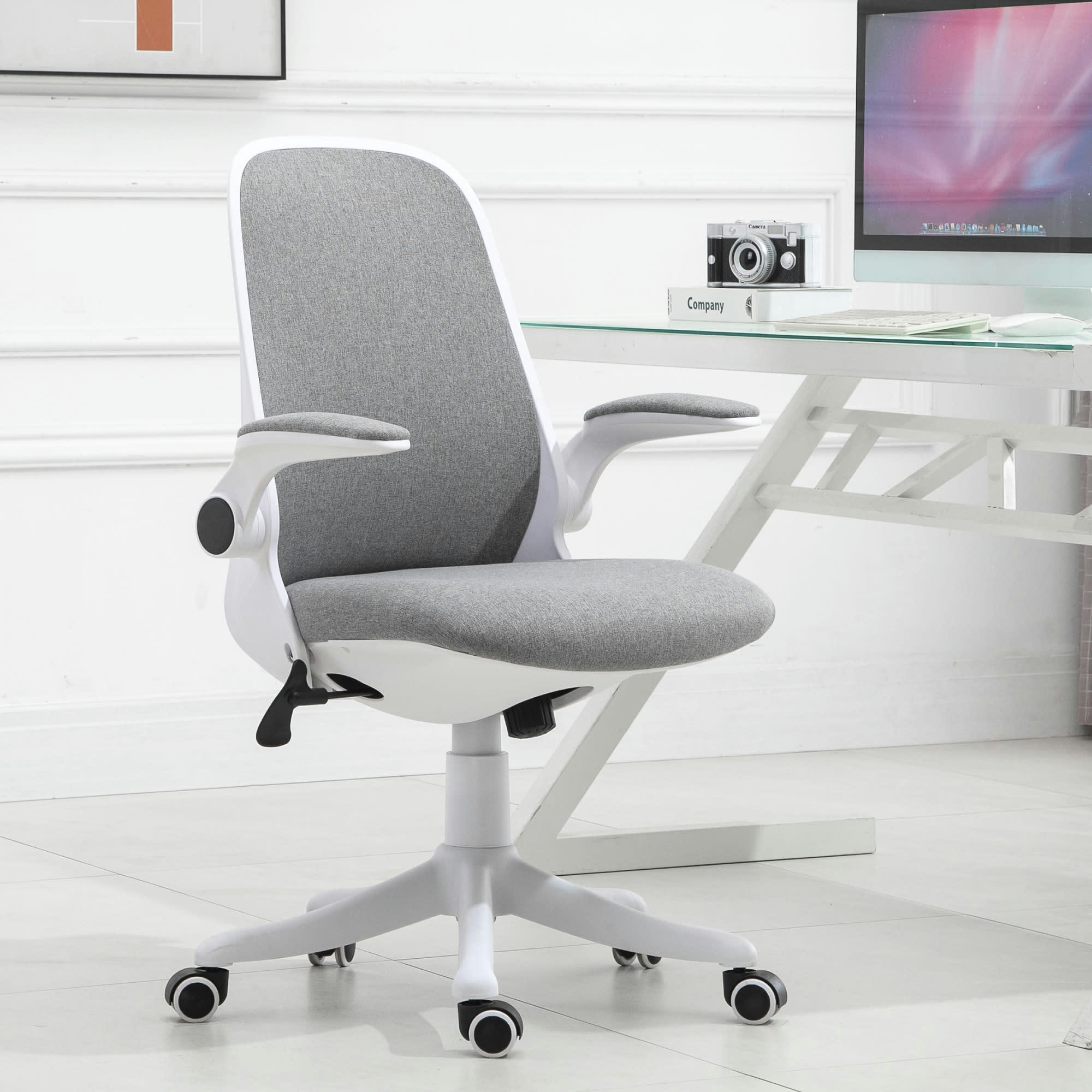 - Chaise de bureau accoudoirs relevables support lombaires tissu gris