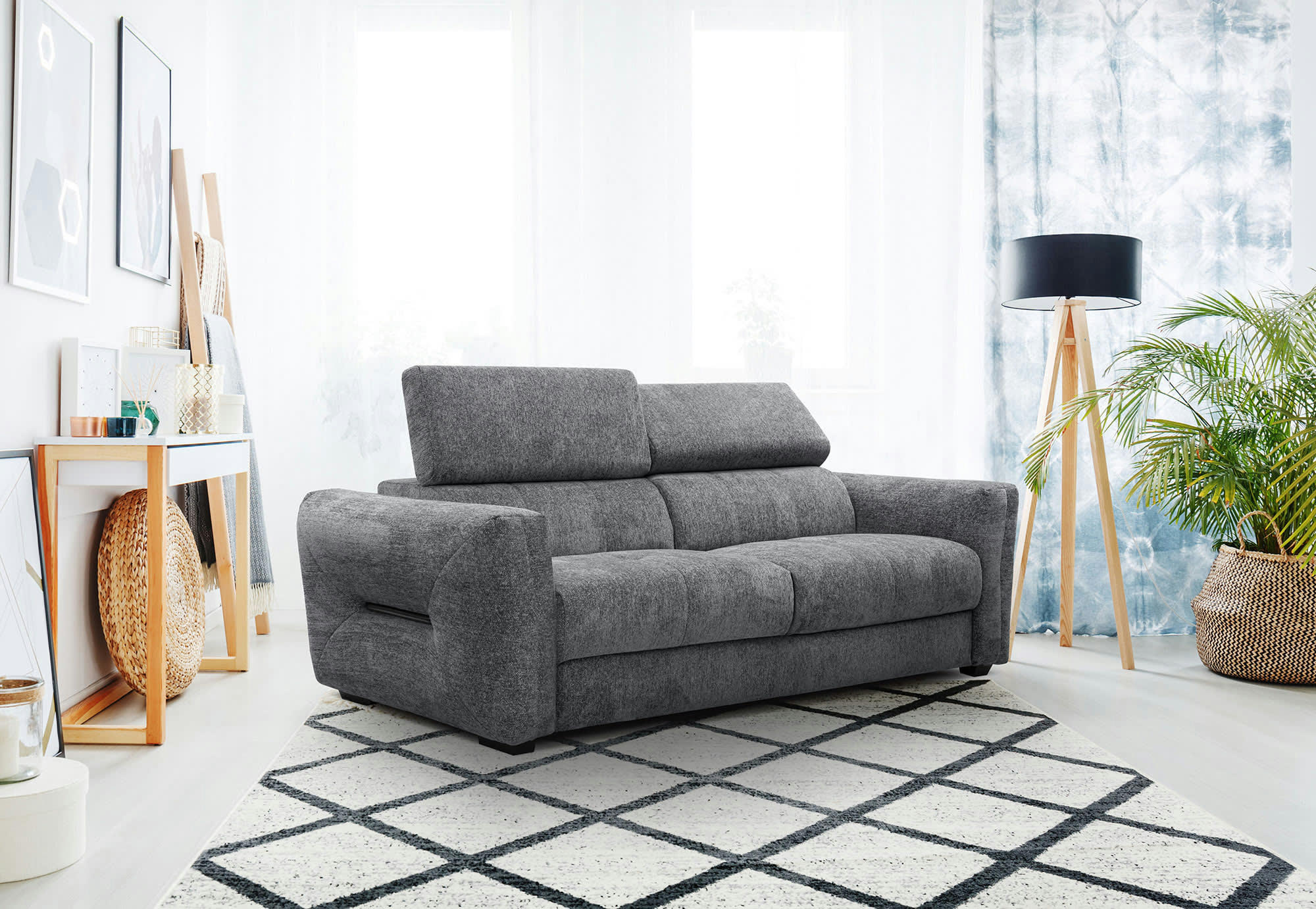 CALVERA - Canapé droit 3 places XXL tissu gris foncé