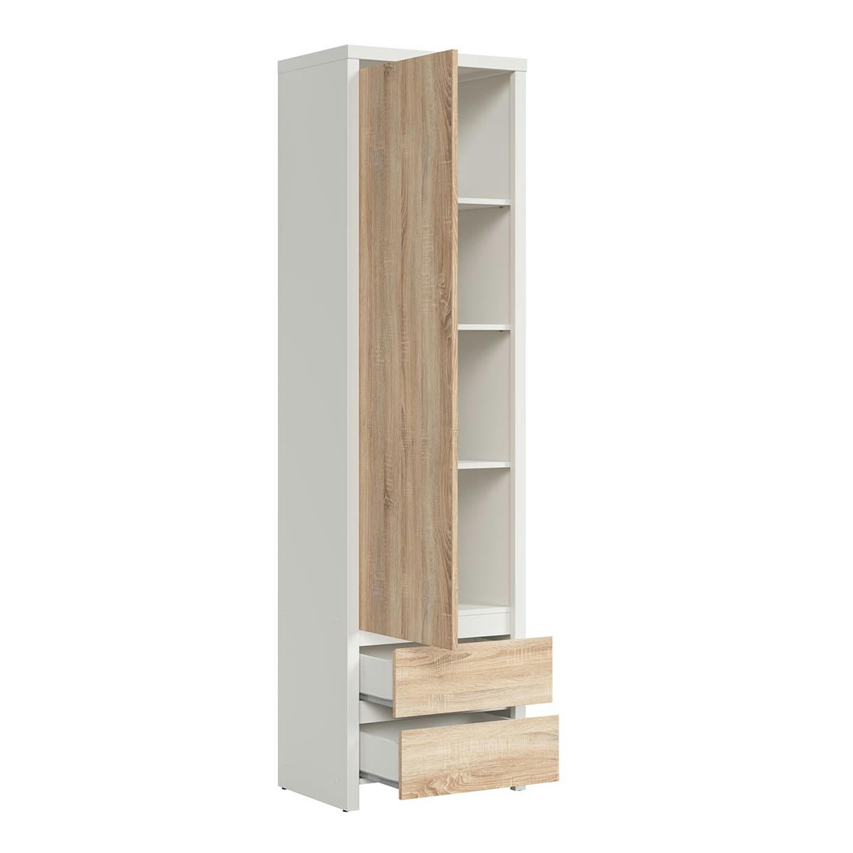 - Armoire colonne 1 porte 2 tiroirs panneaux agglomérés naturel et blanc