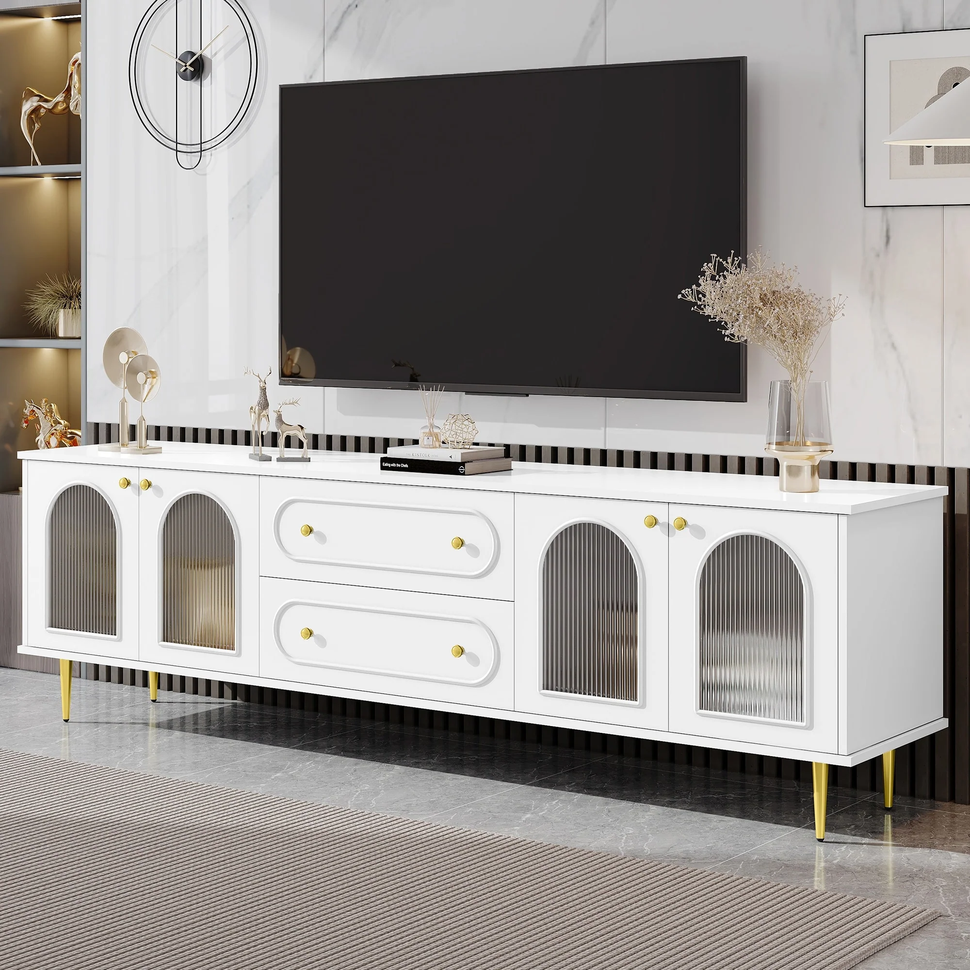 78.7-Inch Modern TV Stand with Fluted Glass Doors and Adjustable Metal Legs