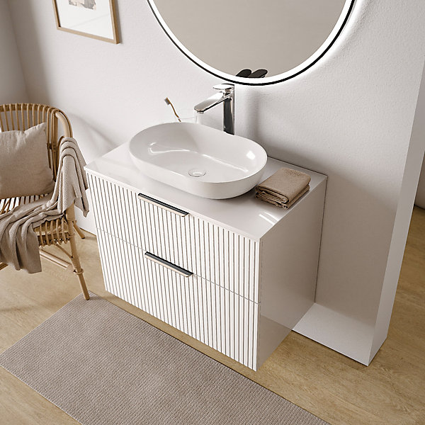 Meuble sous vasque suspendu MDF Blanc mat strié 80x46x62cm, Plan lavabo Chêne gris   poignée Chrome - TIM80