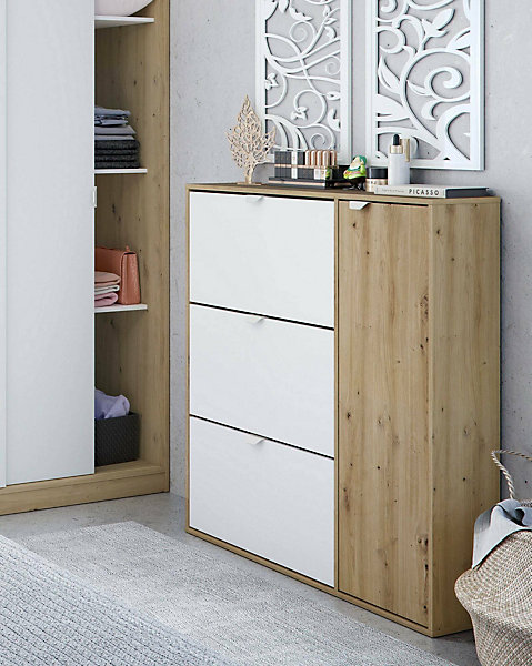 Meuble chaussures Tok, Meuble chaussures d'entrée avec 4 portes, meuble à chaussures peu encombrant, 105x24h112 cm, Blanc et Chêne