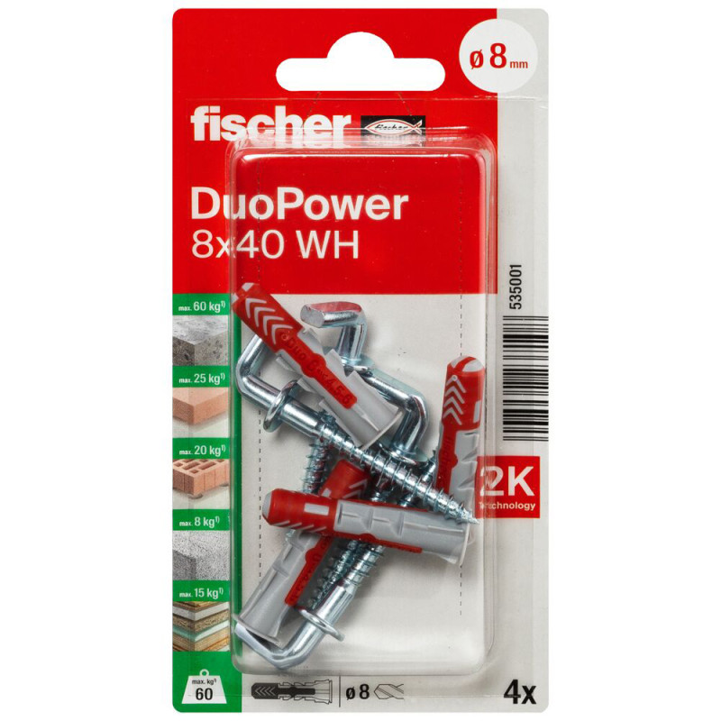Cheville DuoPower WH en nylon avec collerette et crochet droit Ø 8 x 40 mm 4 pièces