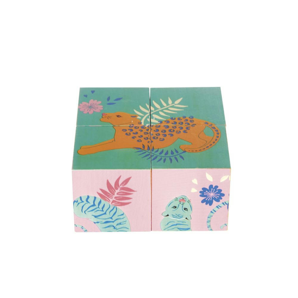 - Cube d'éveil en bois de Hêtre imprimé jungle multicolore