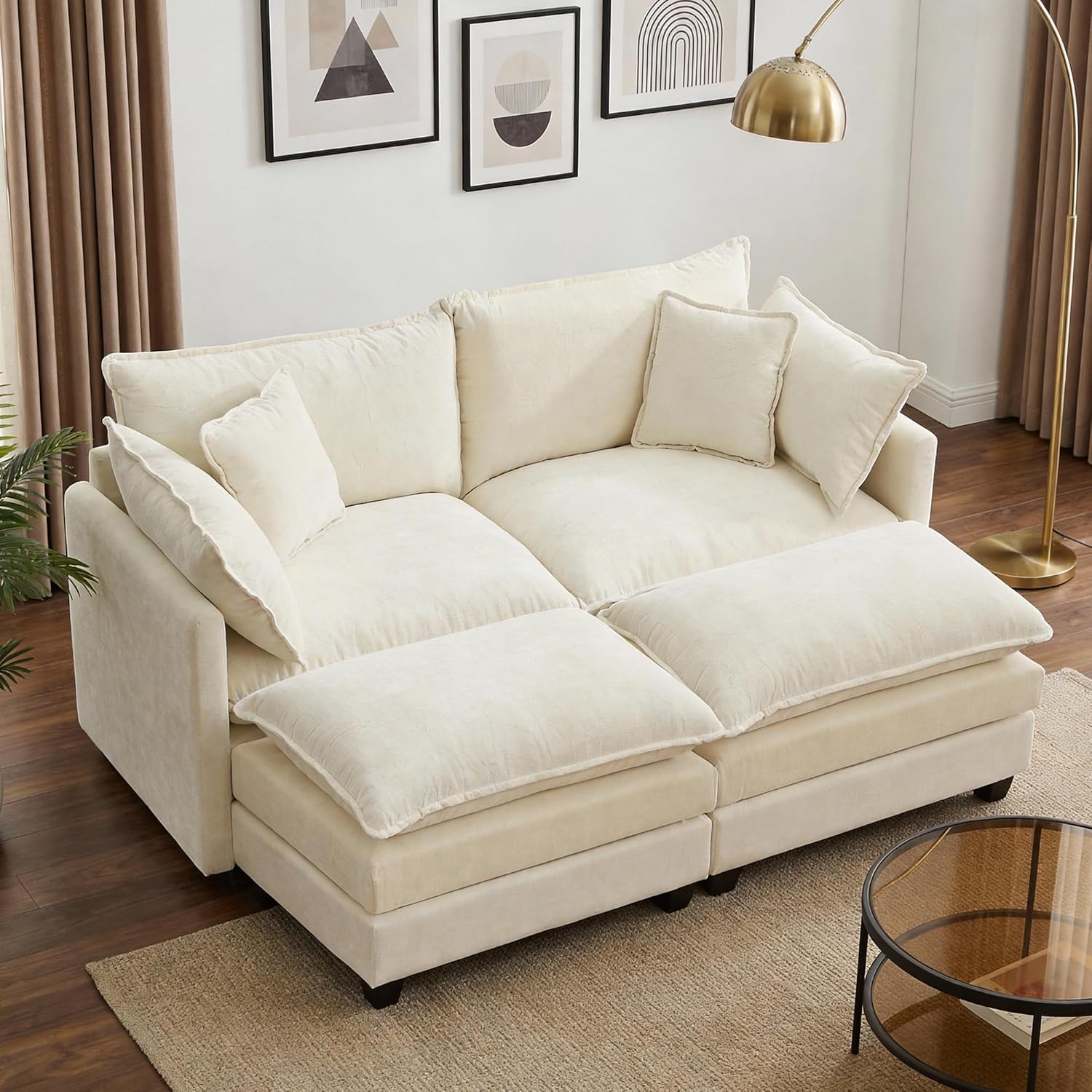 78 Modular Sectional Sofa, Cloud Couch Loveseat Sofa with 2 Movable Ottoman, Comfy Chenille Deep Seat Sofa with Throw Pillows, 4 Seat Modern Couches for Living Room, Bedroom and Apartment, Beige
