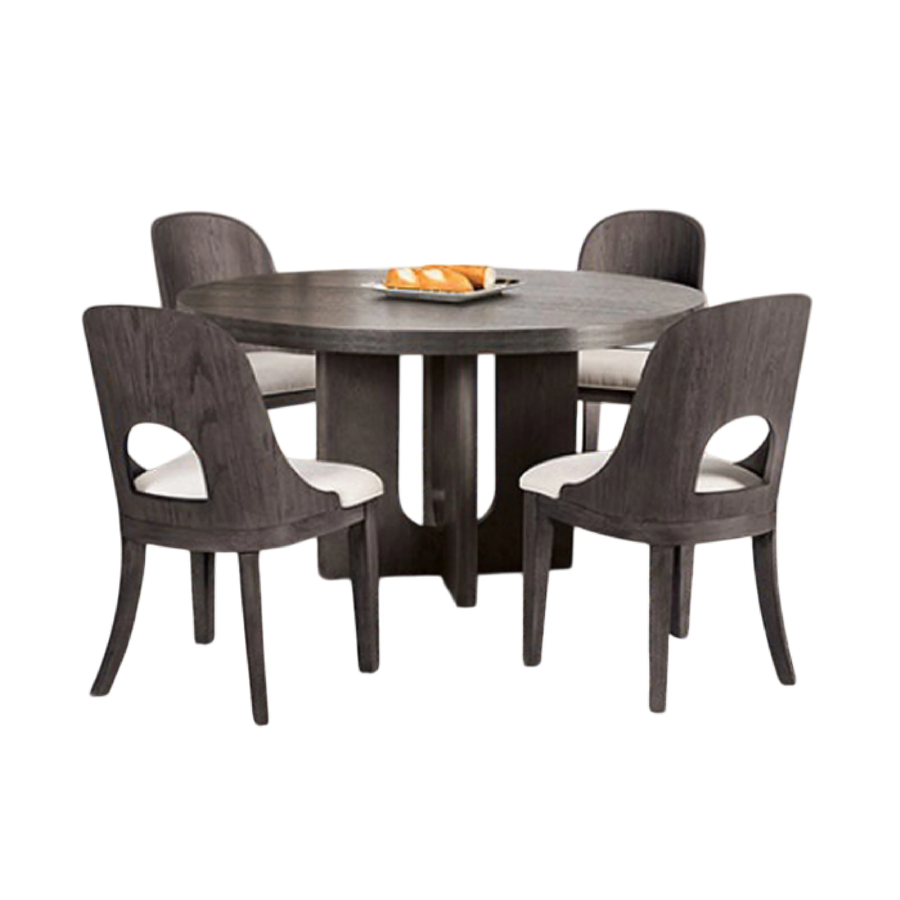 Zoko 5pc Round Dining Table Set, White Polyester Chairs, Ash Gray Wood
