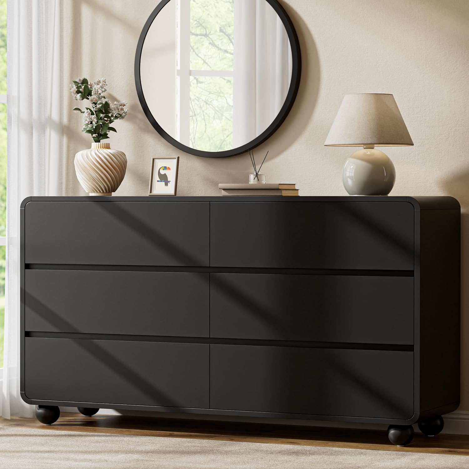 Lulive Wood Dresser for Bedroom, 53” Wide Chest of Drawers with 6 Drawers, Modern Closet Storage Drawer with Curved Profile Design for Living Room, Hallway, Entryway, Black