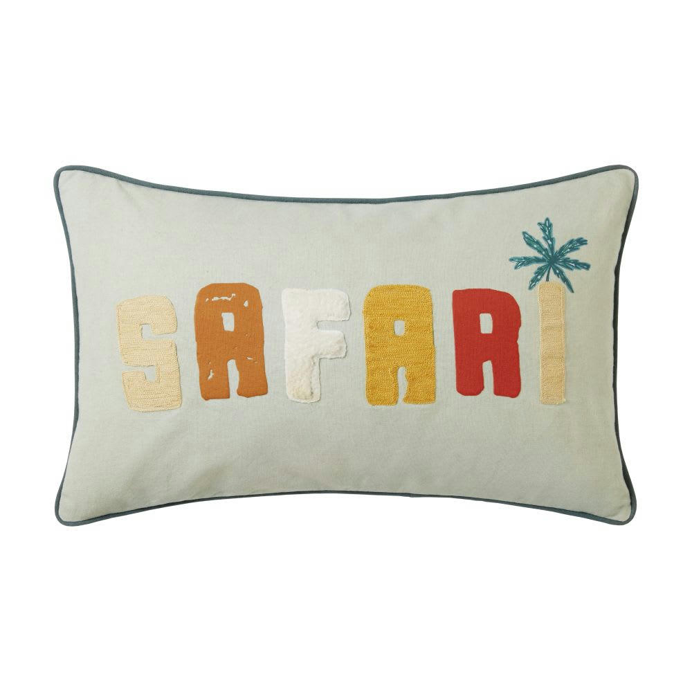 SAFI - Coussin en coton bleu clair à motifs multicolores 30x50