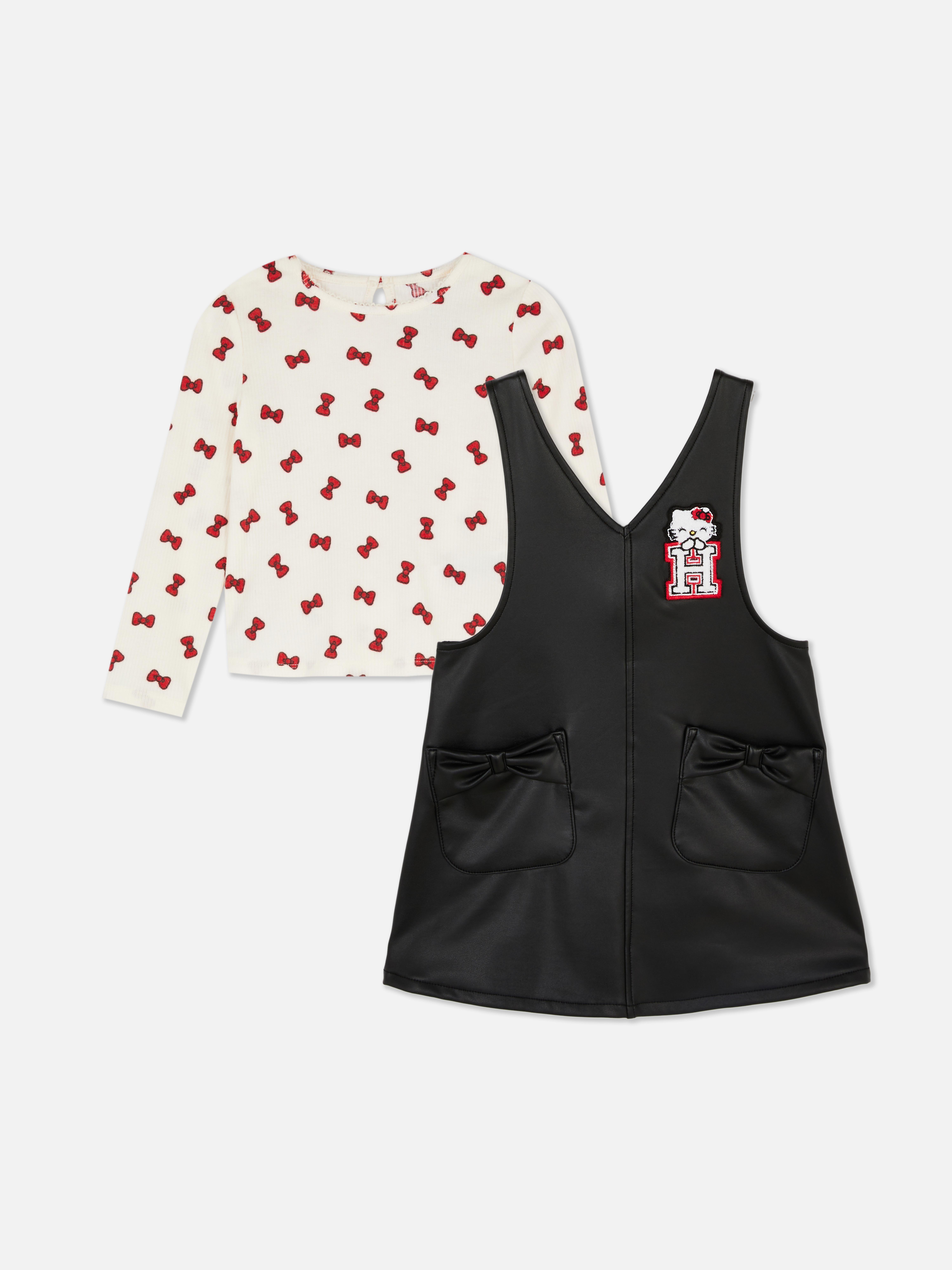 1.5-8yrs | Hello Kitty T-Shirt and Faux Leather Overall Dress Set