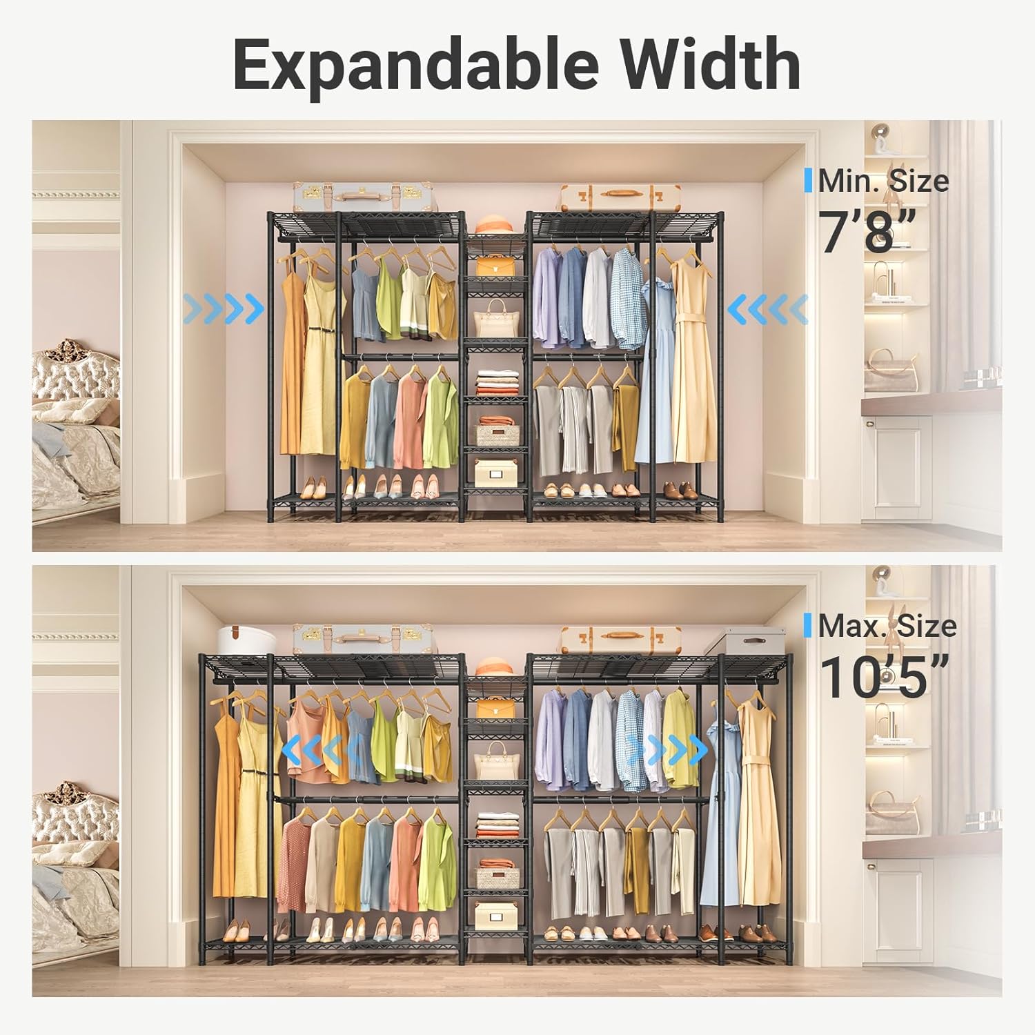 VIPEK X5 Extra Large Expandable Clothes Rack Adjustable from 7'8 to 10'5, Reach-in Closet Metal Clothing Racks Walk-in Freestanding Wardrobe Portable Closets, Black