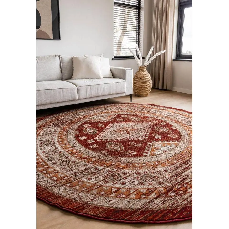 Interieur05 rond vintage vloerkleed Aila rood/oranje - 160 x 160 cm