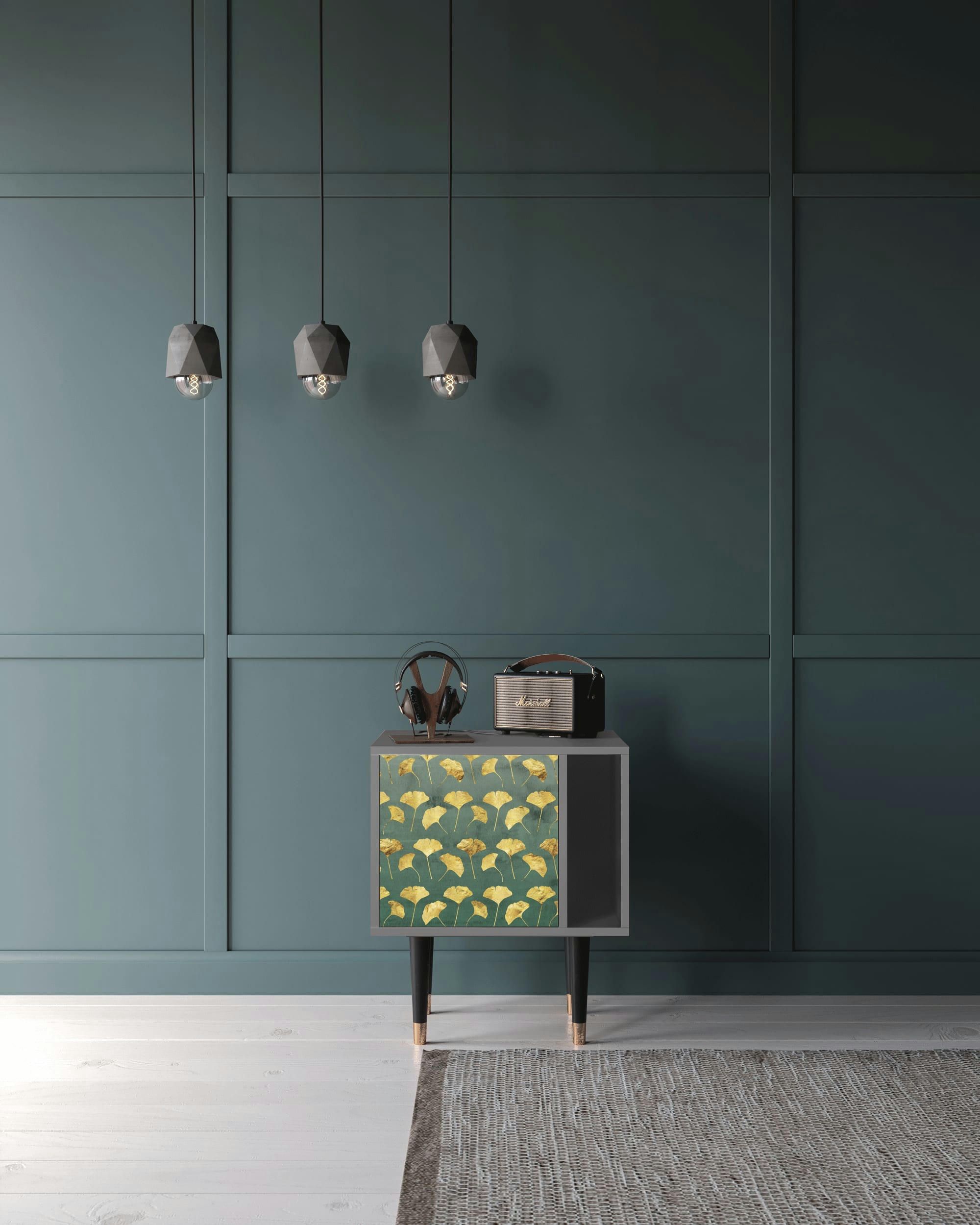 GINGKO LEAVES - Table de chevet vert et jaune 1 porte L 58 cm