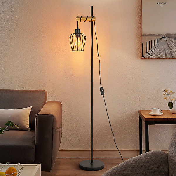 NETTLIFE Lampadaire de salon en bois Lampe de sol vintage : Lampe de salon noire Lampadaire sur pied E27 146 cm (sans ampoule)