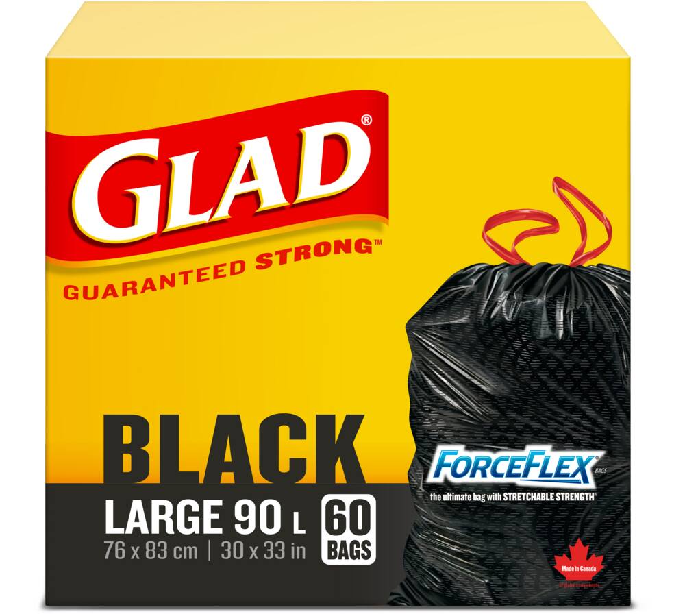 Glad Large ForceFlex Drawstring Garbage Bags, 60-pk, Black, 90-L