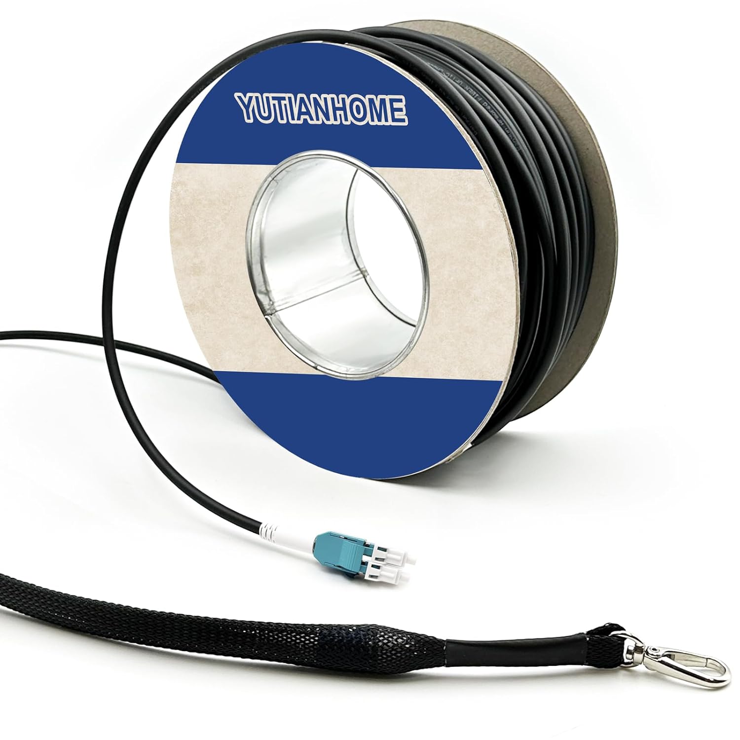 500ft/150m OD-5mm Industrial TPU OM3 Fiber LC to LC Outdoor Armored Fiber Patch Cable  Duplex Multimode Fiber Optic Cable  10Gb  50/125  Uniboot LC-LC with Pulling Eye Kit Installed on one end