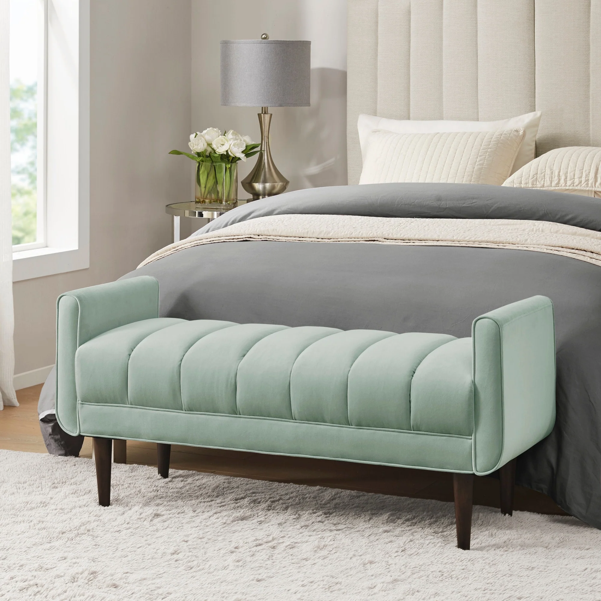 Madison Park Irvington Upholstered Modern Accent Bench - Seafoam